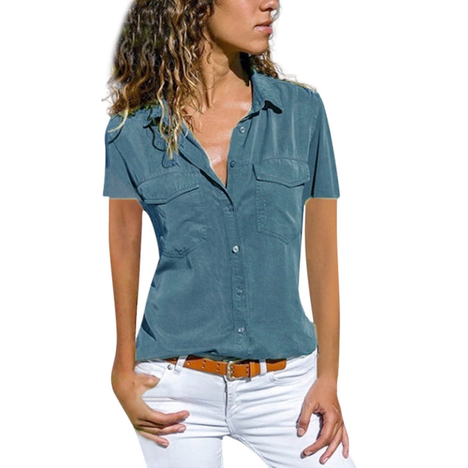 solacol Womens Tops Casual Short Sleeve Button Down Shirts for