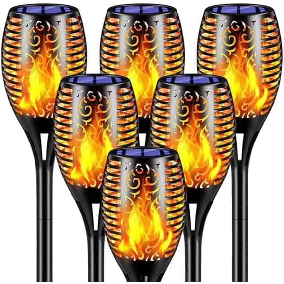 solar outdoor lights, 6Pack Solar Torch Light with Flickering Flame, Garden Lights Waterproof for Halloween Decor, Tiki Torches for Outside, Luces Solares para Exteriores Pathway Yard Garden Decor.