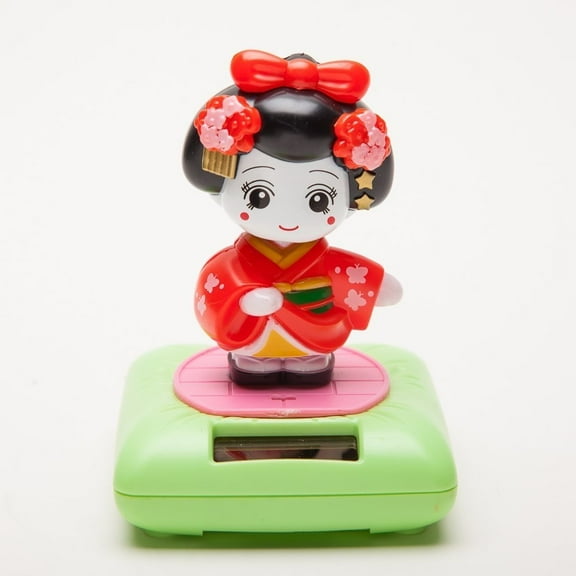 solar powered bobblehead toy figure nohohon, japanese kimono maiko geisha - red