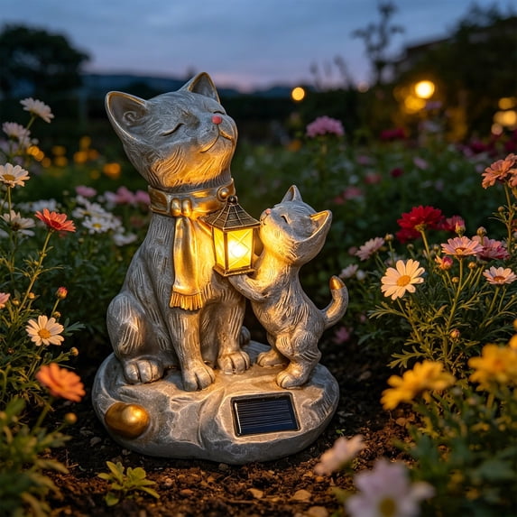 Yinghao 9.8" Solar Cat Resin Garden Statues Outdoor Lights with Lanterns Waterproof Animal Figurine Outside Decorations for Yard Ornaments Unique Gift