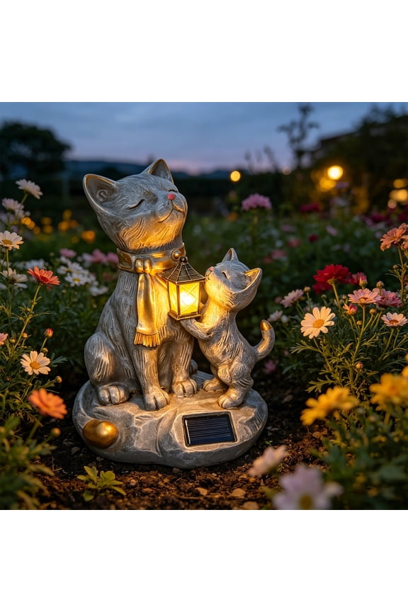 9.8" Solar Cat Resin Garden Statues Outdoor Lights with Lanterns Waterproof Animal Figurine Outside Decorations for Yard Ornaments Unique Gift