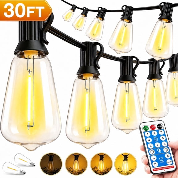 30ft solar string light outdoor waterproof, 26 hour running time |15LED bulb, USB and solar power supply, remote control and dimming timer, perfect for backyard, garden, camping and party decoration