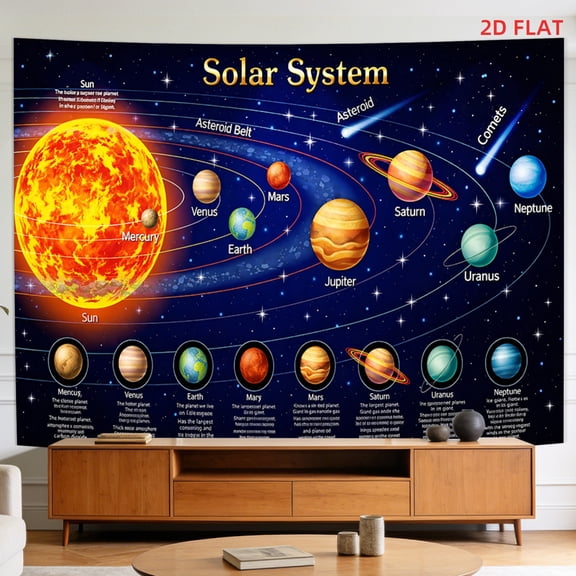 A solar system-themed tapestry featuring the Sun, major planets, the asteroid belt, and meteorsan ideal choice for decorating the walls of a living room, meditation space, or office.