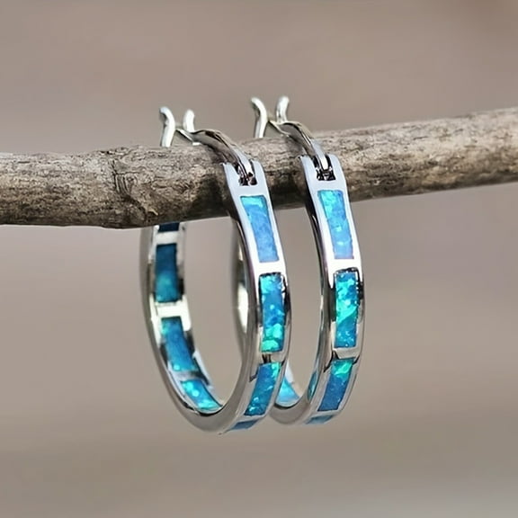 solautey 1 Pair Lady Hoop Earrings Faux Moonstone Geometric Round Circle Shape Lightweight Smooth Alloy Birthday Anniversary Valentines Day Gift Ear Jewelry