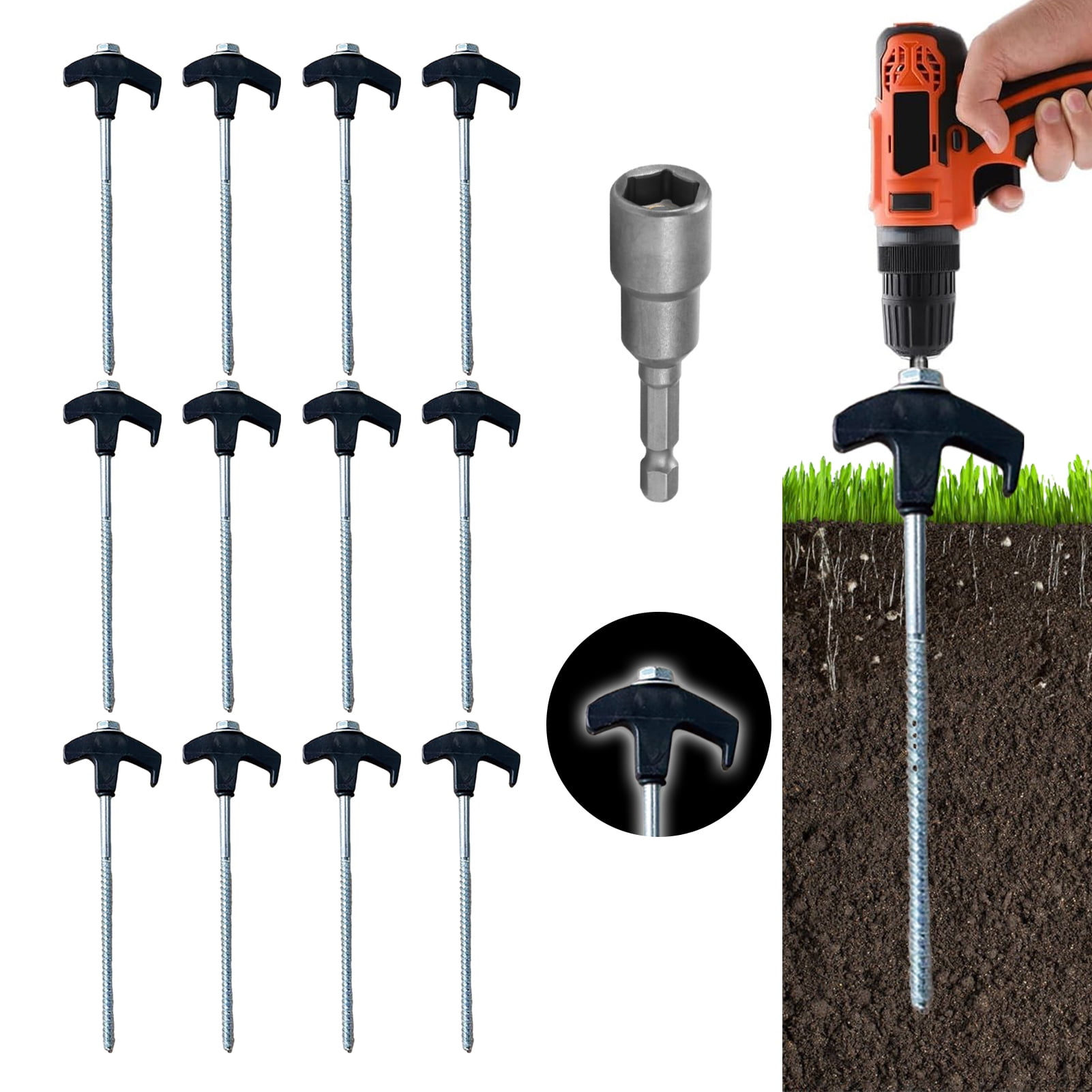solautey 12 Pack Tent Stakes Heavy Duty - 8" Ground Anchors Screw in - Camping Stakes with Grow in The Dark Heads - Metal Threaded Tent Spikes with Mounting Sleeve and Storage Box