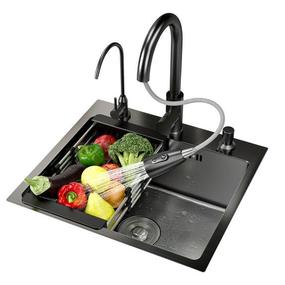 solautey Black Kitchen Sink, Drop In/Topmount Workstation Sink with Sliding Accessories, Farmhouse Workstation Sink with Multiple Accessories (19.7 x 17.7in)