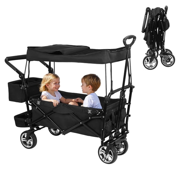 solautey Collapsible Wagon Cart with Wheels, Foldable Garden Cart with Adjustable Push Pulling Handle, Heavy Duty Outdoor Utility Wagon with Canopy for Beach, Camping, Shopping