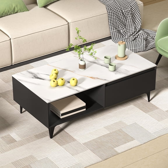solautey Dual-Side Storage Coffee Table, 47.24 Inch Modern Coffee Table for Living Room, Wooden Tabletop-Marble White Household Balcony Table  
