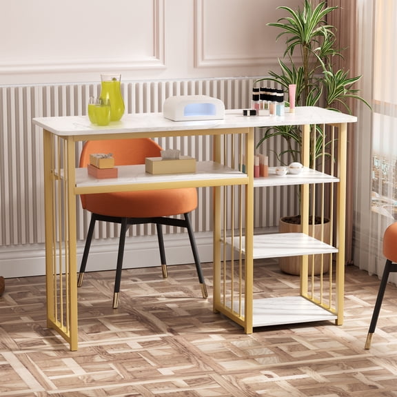 solautey Extra-Long Nail Table - Modern Minimalist Manicure Desk with Multi Open Shelves | Professional Salon & Home Nail Tech Desk for Beauty Salon Spa