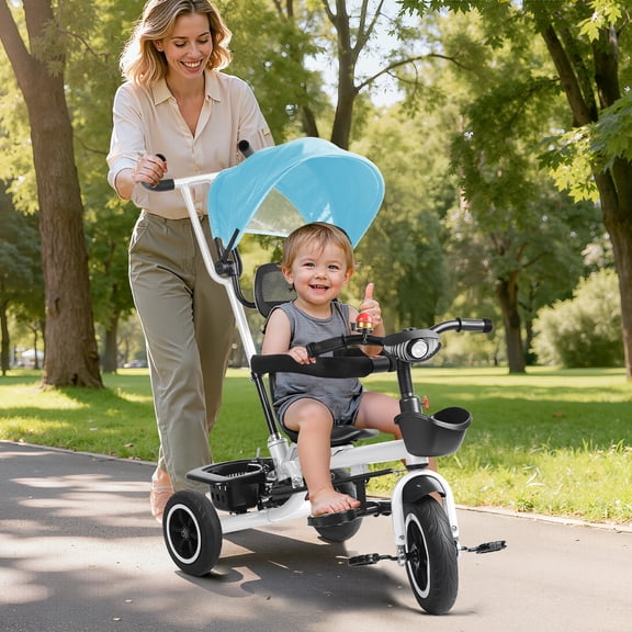 solautey Kids Tricycle, 6 in 1 Stroll Trike with Adjustable Push Handle, Removable Canopy, Safety Harness, Music Headlight, Detachable Guardrail, Suitable for 18 Months to 6 Years