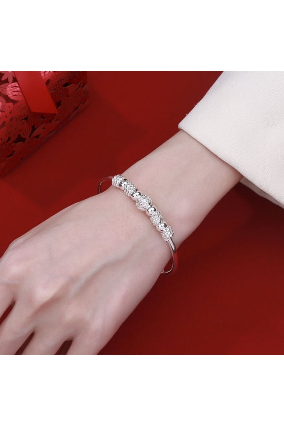 Lady Adjustable Bangle Metal Beaded Heart Cut-out Silver Plated Copper Smooth Surface Daily Wear Jewelry Accessory