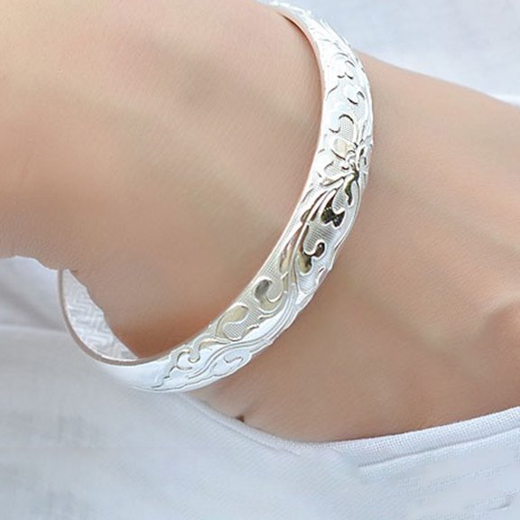 solautey Lady Opening Bracelet Adjustable Circumference Floral Emboss Smooth Polished Wide Wrist Jewelry for Vacation Work Daily Wear