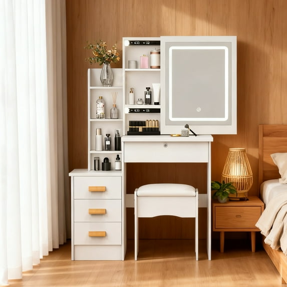 solautey Makeup Vanity Desk with 3 Adjustable Lighted Mirror, White Vanity Set, Sliding Mirror Dressing Table with Drawers and Chair, Hidden Storage Space
