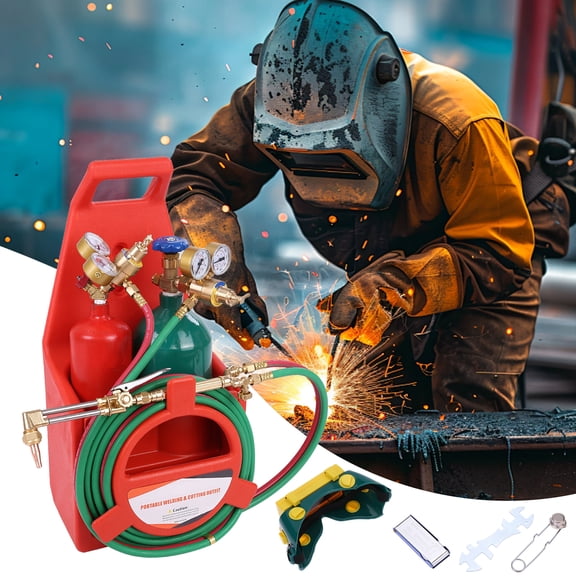 solautey Portable Oxy-Acetylene Welding & Cutting Kit, Complete Torch Set with Gas Cylinders, Regulators, Hose & Safety Gear, All-in-One Kit for Repair, Metalwork & DIY Projects 