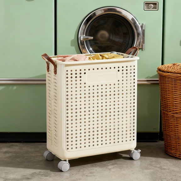 solautey Rolling Plastic Collapsible Laundry Basket Cube Storage Bin Box Organizer with Wheels Handle Durable Ventilated Foldable Hamper for Bedroom Dirty Clothes Large Capacity