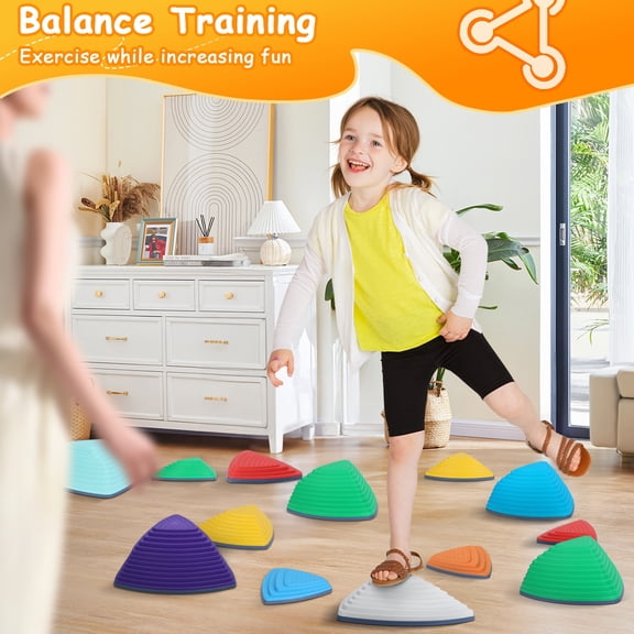 solautey Stepping Stones For Kids, Set Of 13, Indoor and Outdoor Balance Stepping Stones, Promotes Coordination, Balanced Strength, Sports, Vibrant Colors, Non-Slip Edges