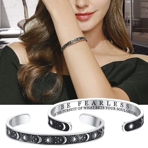 solautey Unisex Bravery Bangle Sun Moon Star Emboss Fearless English Decoration Enhance Confidence Adjustable Wrist Jewelry Couple Bracelet
