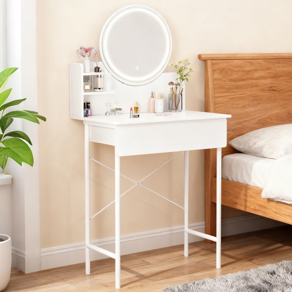 solautey Vanity Desk with Mirror and Lights, Makeup Vanity Desk with Drawers & Storage Shelvs & Chair, 3 Color Modes & Adjustable Brightness, White Vanity, Bedroom Furniture