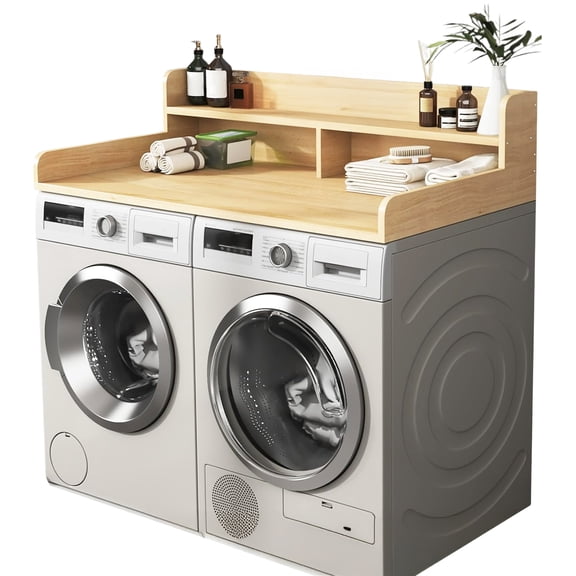 solautey Washer Dryer Countertop with Shelf, 2-Tier Laundry Countertop Over Washer and Dryer, 54" x 27.5" Wooden Table for Folding Clothes for Laundry Room Organization and Storage