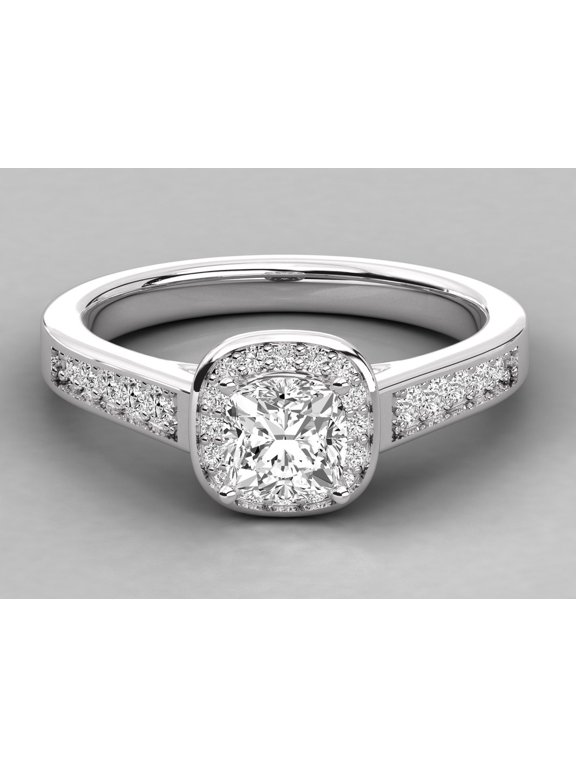 0.75CT Cushion Moissanite Halo Engagement Ring For Women, 14K White Gold Plating Over Silver, D Color VVS Clarity