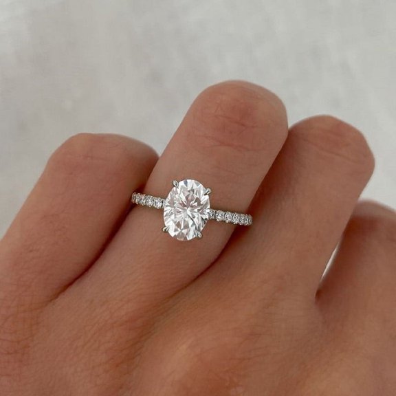 solitaire jewels 1.35CT Dainty Oval Moissanite Hidden Halo Engagement Ring For Women, 10K White Gold
