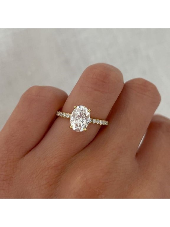 1.35CT Dainty Oval Moissanite Hidden Halo Engagement Ring For Women, 10K Yellow Gold
