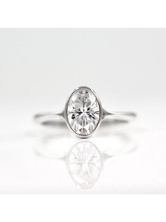 1.5CT Bezel Set Oval Moissanite Engagement Ring For Women, 14K White Gold Plating Over Silver, D Color VVS Clarity