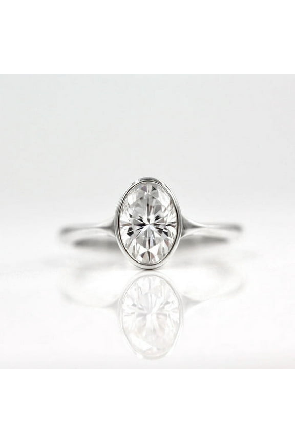 1.5CT Bezel Set Oval Moissanite Engagement Ring For Women, 14K White Gold Plating Over Silver, D Color VVS Clarity