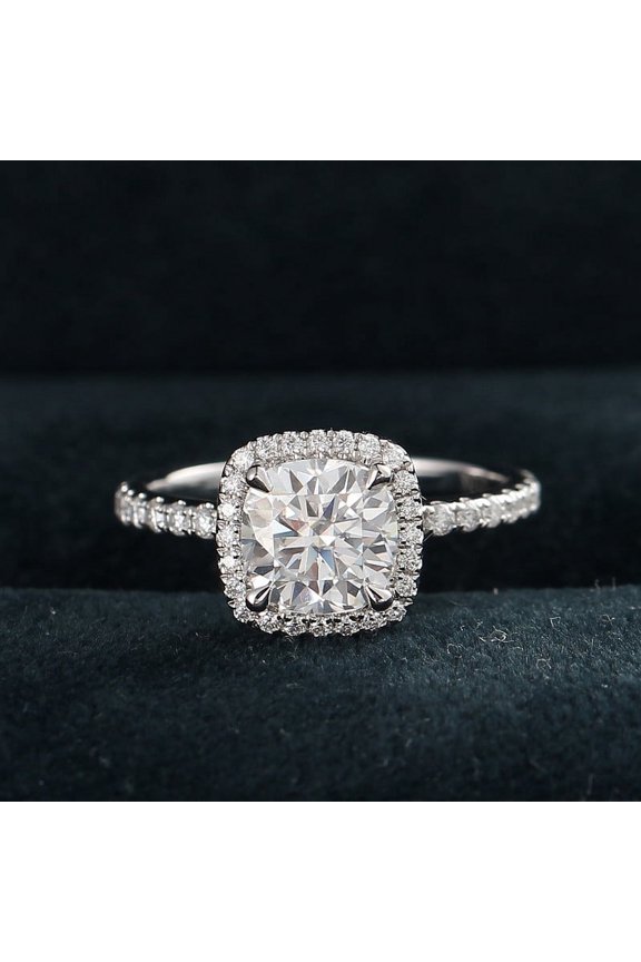 1.5CT Cushion Moissanit Halo Engagement Ring For Women, 18K White Gold