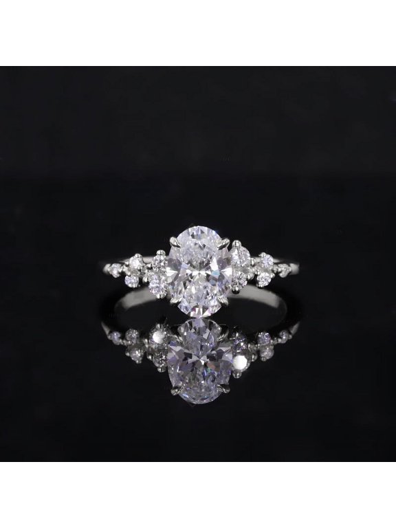 1.5TCW Snow Drift Style Oval Moissanite Engagement Ring For Women, 14K White Gold Plating Over Silver, D Color VVS Clarity
