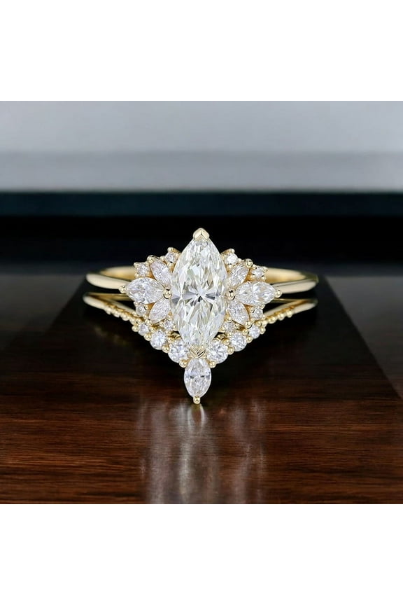 1CT Art Deco Marquise Moissanit Engagement Ring Set For Women, 14K Yellow Gold