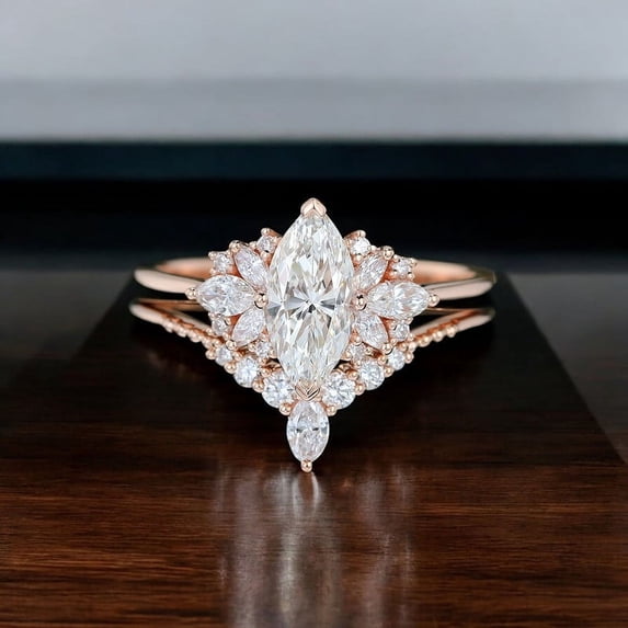 solitaire jewels 1CT Art Deco Marquise Moissanit Engagement Ring Set For Women, 18K Rose Gold