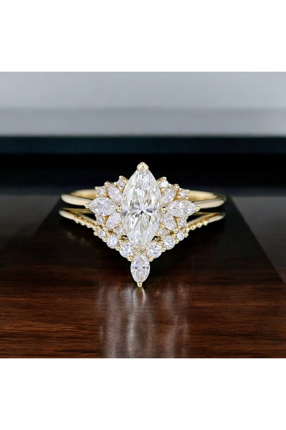 1CT Art Deco Marquise Moissanit Engagement Ring Set For Women, 18K Yellow Gold