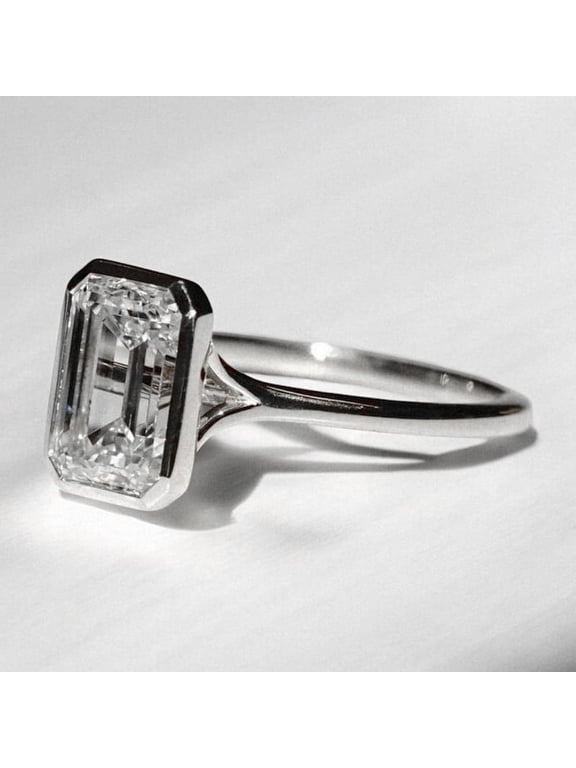 2.25CT Bezel Setting Emerald Moissanit Solitaire Engagement Ring For Women, 14K White Gold