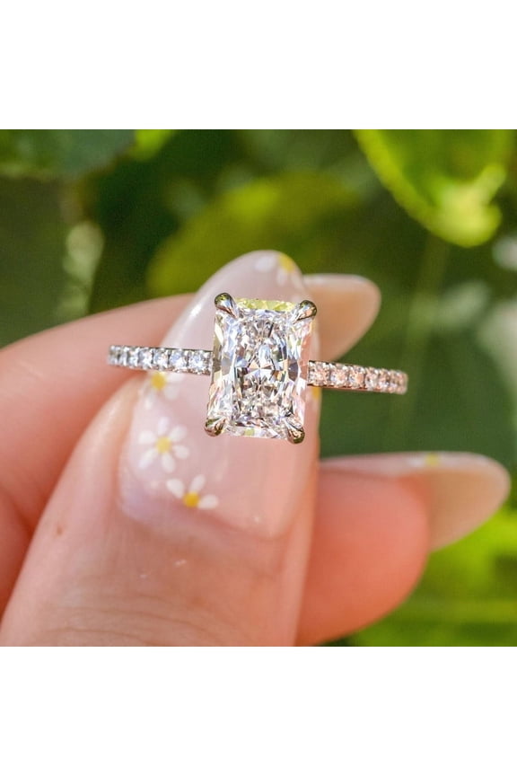 2.5CT Radiant Moissanit Hidden Halo Engagement Ring For Women, 10K White Gold