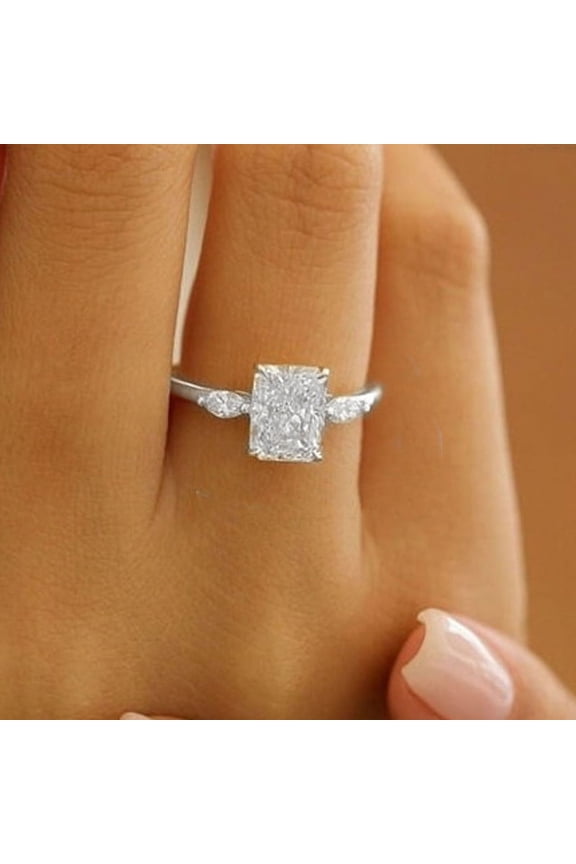 2.5CT Radiant Moissanite 3 Stone Engagement Ring For Women, 18K White Gold Over Silver, D Color VVS Clarity