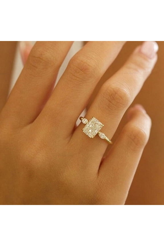2.5CT Radiant Moissanite with Side Marquise 3 stone Engagement Ring For Women, 10K Yellow Gold
