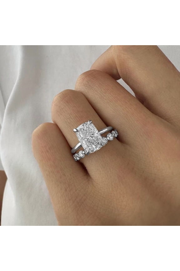 2.75CT Elongated Cushion Moissanit Hidden Halo Engagement Ring Set For Women, 14K White Gold Plating Over Silver, D Color VVS Clarity