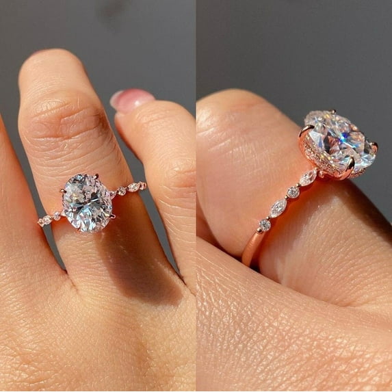 solitaire jewels 2.75CT Oval Hidden Halo Moissanite Engagement Ring For Women, 14K Rose Gold