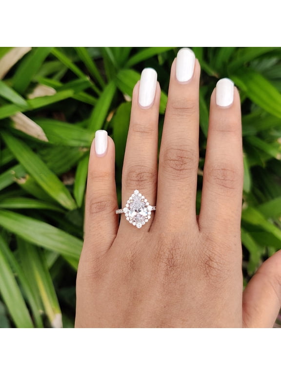 2CT Art Deco Pear Moissanit Halo Engagement Ring For Women, 18K White Gold