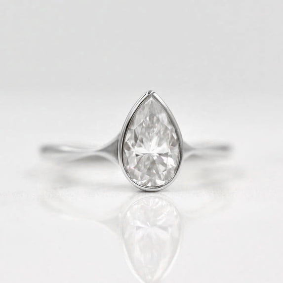 solitaire jewels 2CT Bezel Set Pear Moissanite Engagement Ring For Women, 10K White Gold