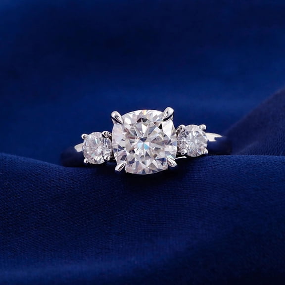 solitaire jewels 2CT Cushion Moissanite 3 Stone Engagement Ring For Women, 14K White Gold