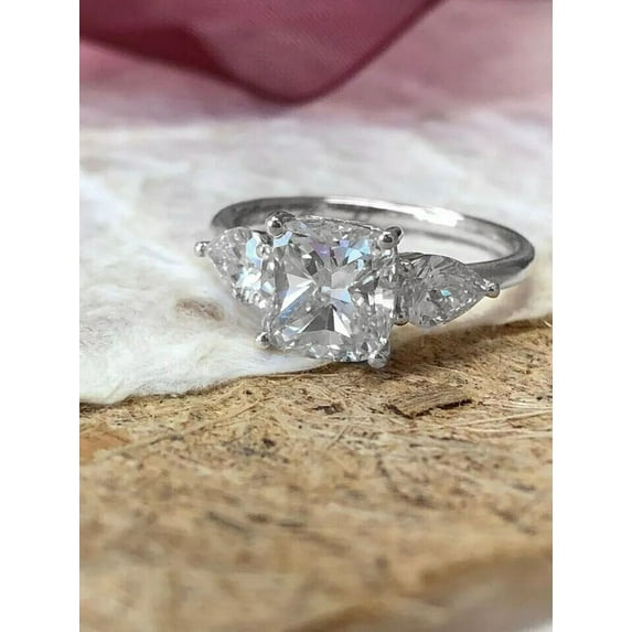 solitaire jewels 2CT Cushion Moissanite 3 Stone Engagement Ring For Women, 18K White Gold