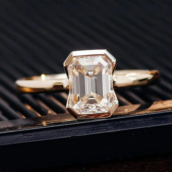solitaire jewels 2CT Emerald Moissanite Half Bezel Engagement Ring For Women, 14K Yellow Gold