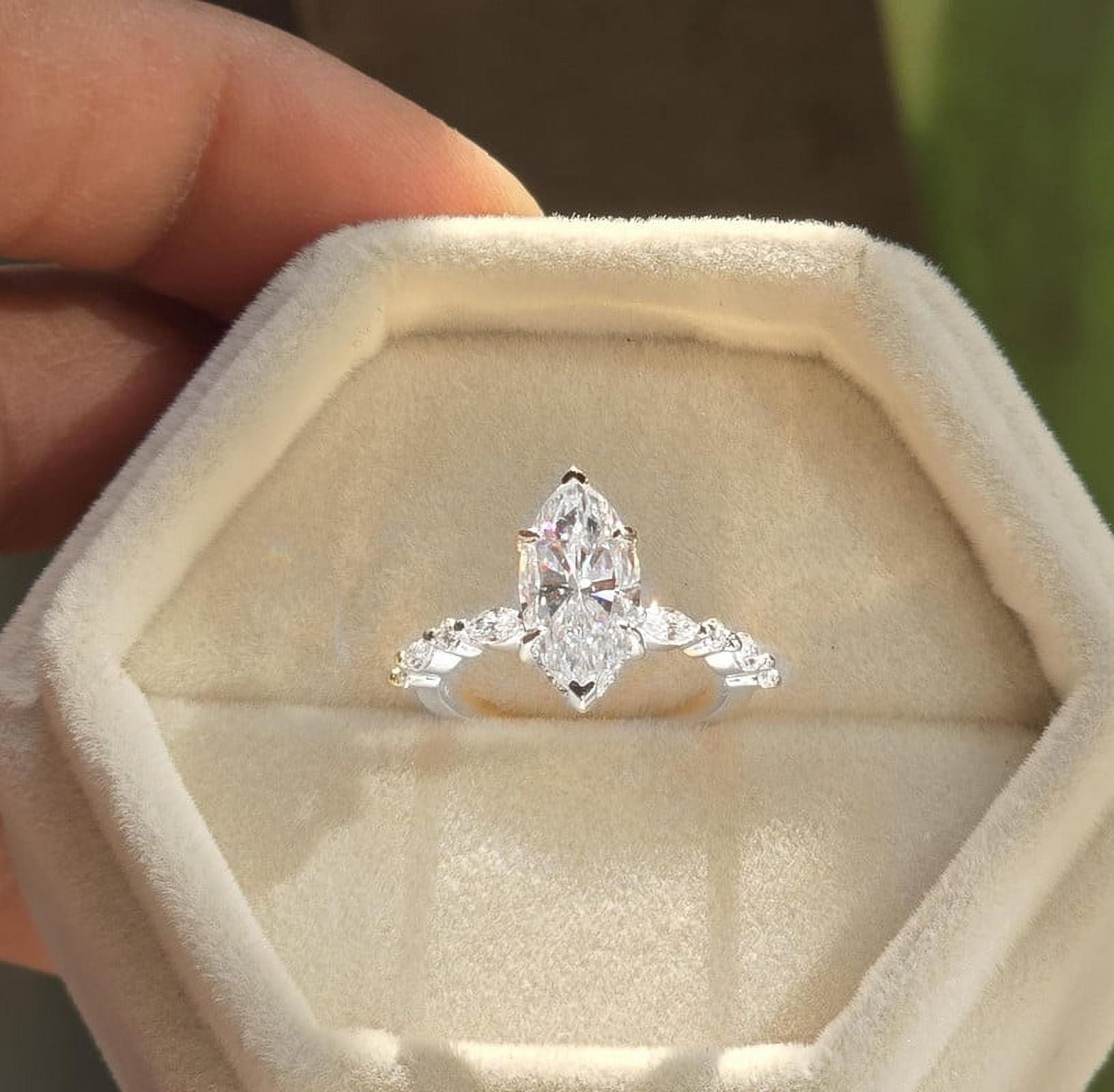 solitaire jewels 2CT Marquise Moissanit Hidden Halo Engagement Ring For Women, 18K White Gold