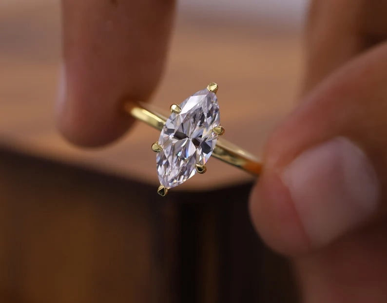 solitaire jewels 2CT Marquise Moissanite Hidden Halo Engagement Ring For Women, 10K Yellow Gold