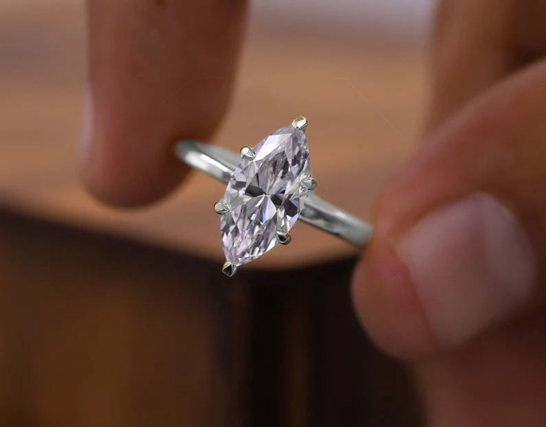 solitaire jewels 2CT Marquise Moissanite Hidden Halo Engagement Ring For Women, 14K White Gold