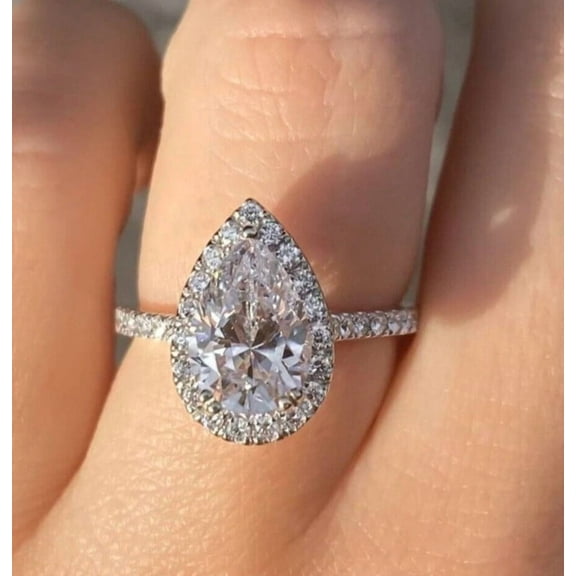 solitaire jewels 2CT Pear Moissanite Halo Engagement Ring For Women, 14K Yellow Gold
