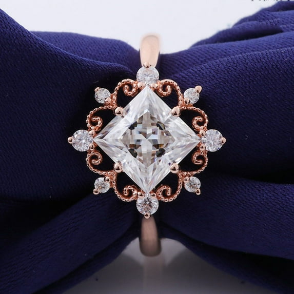 solitaire jewels 2CT Princess Moissanite Art Deco Engagement Ring For Women, 10K Rose Gold