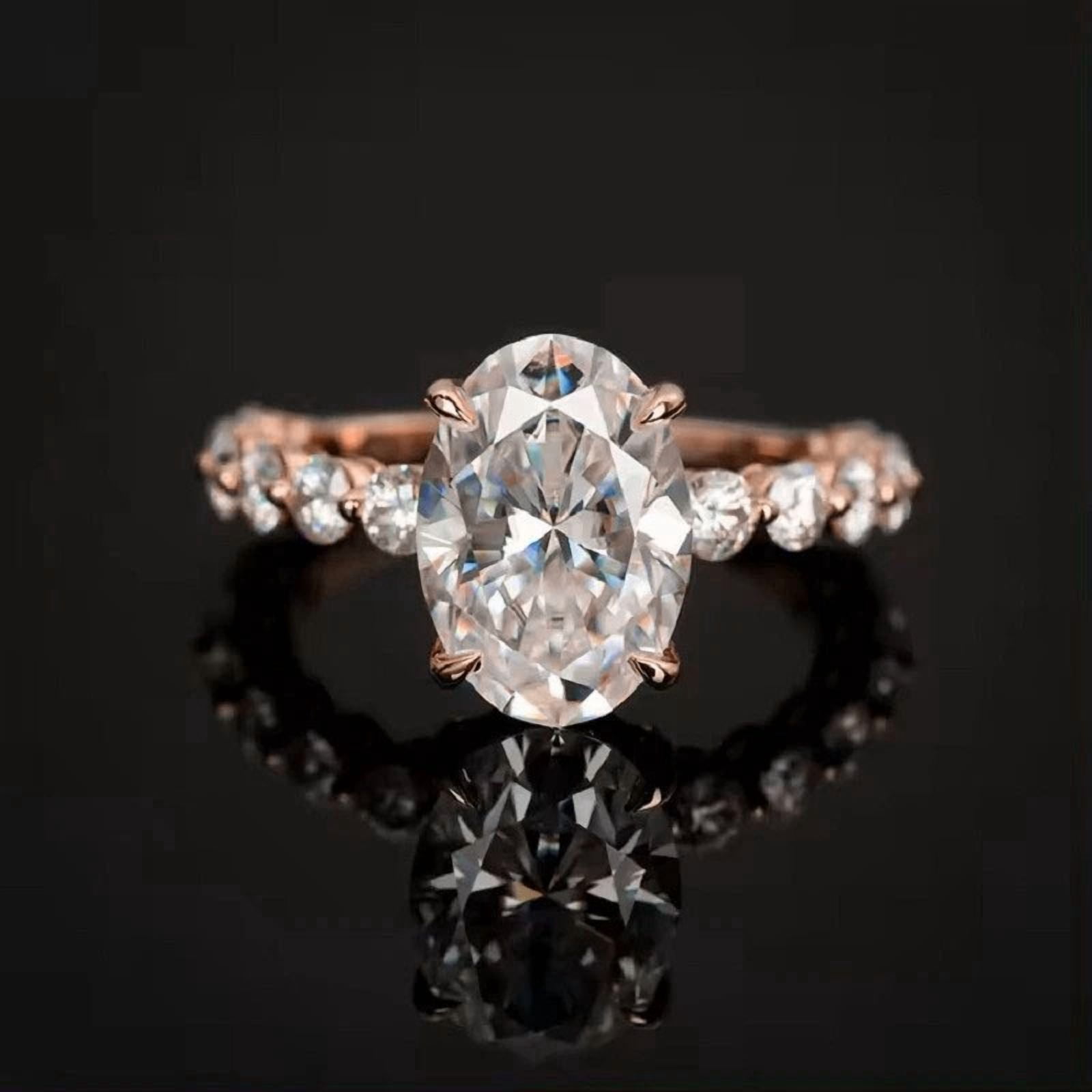 solitaire jewels 3.75CT Oval Moissanite Hidden Halo Engagement Ring For Women, 18K Rose Gold